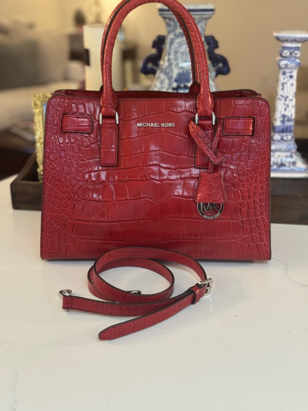 ❤️ MICHAEL KORS DILLON RED MEDIUM LEATHER CROCO EMBOSSED SATCHEL! - Picture 8 of 15